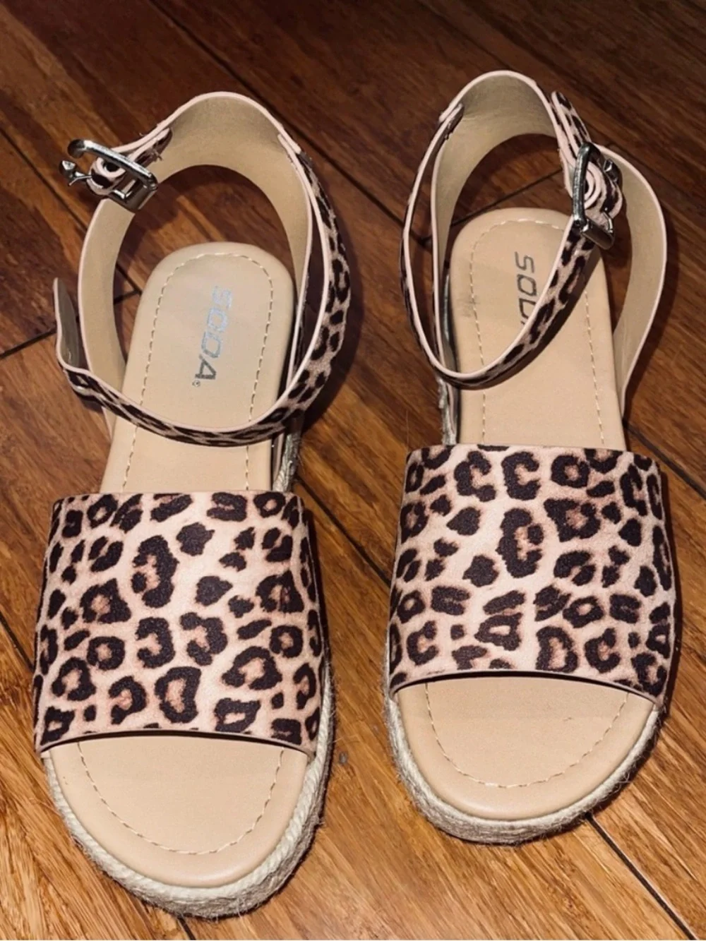 Adorable Soda Leopard Print Espadrille Wedge Sandal - Tan & Brown